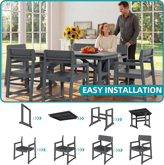 JAMFLY 7 Piece Outdoor Dining Set, All Weather Patio Table and Chairs for Backyard Garden Deck Lawn Pool, Sturdy All Weather Outdoor Furniture Set with Umbrella Hole, Grey - Image 4