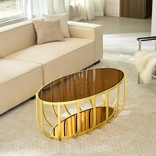 Saint Mossi Glass Oavl Coffee Table for Living Room, Modern 2-Tier Gold Center Table, Brown Glass Top and Brown Mirror Shelf with Gold Finish Legs & Frame