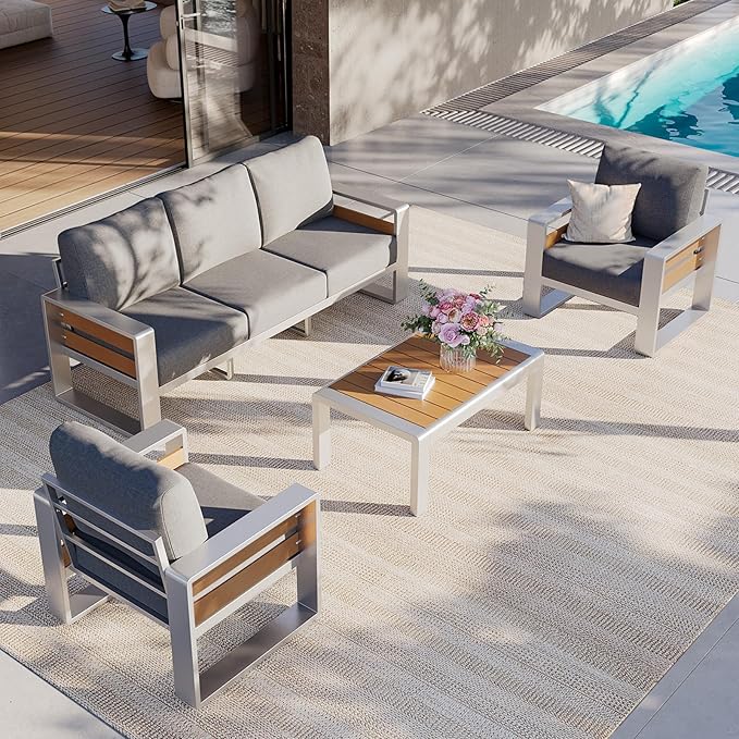Aoxun Aluminum Patio Furniture Set, 5 Seats Luxury Metal Patio Conversation Sets with Coffee Table, 6'' Thick Cushions and 3-Seat Sofa, Modern Outdoor Furniture Set for Backyard/Poolside, Light Grey