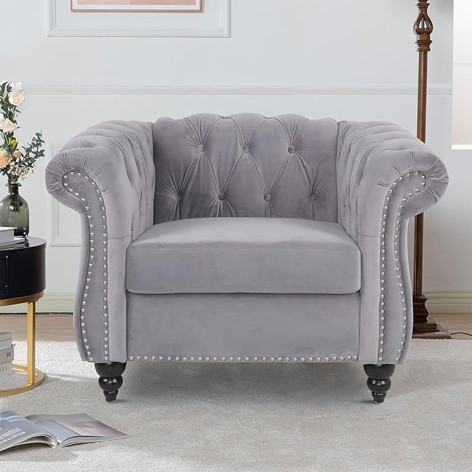 LEVNARY Velvet Chesterfield Chair, Mid-Century Modern Single Sofa Chair with Button Tufted Backrest and Nailhead Decor, Tufted Upholstered Rolled Armchair for Home Bedroom Reading Room (Gray)