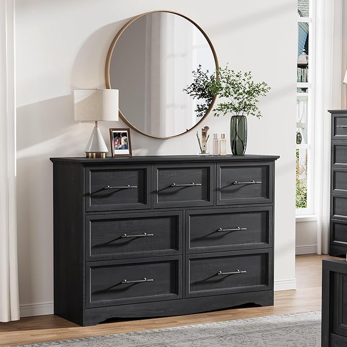 Bedroom Set, 3 Pieces Bedroom Furniture Set, Wood 7 Drawer Dresser and Nightstands with Charging Station, Farmhouse Storage Organizer Cabinet for Bedroom, Black