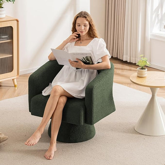 ClinQ Swivel Barrel Accent Chair, Oversized Teddy Upholstered Round Swivel Chairs Set of 1, Modern Luxury 360° Living Room Vanity Chair for Bedroom Office&Living Room, Green