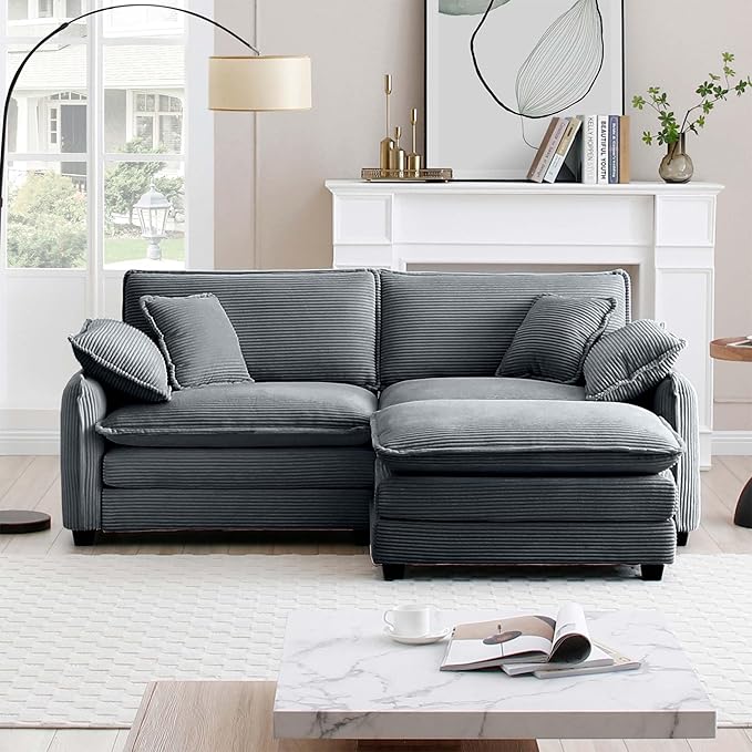 KEIKI 81" L-Shaped Oversized Corduroy Modular Sectional Loveseat Sofa with 1 Ottoman, High-Density Foam Cushions, Removable Armrests, Upholstered 2-Seater Couch with 4 Pillow, for Living Room, Grey