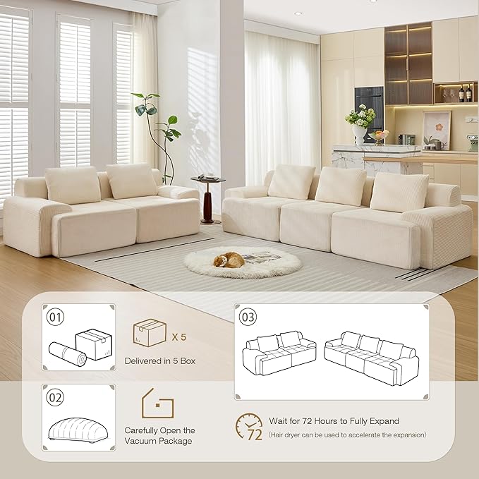 Modular Sectional Sofa, 6 Seat Modular Couch, Modular Sofa with Deep Seat and Detachable Pillow (White, Rowshape 2 Side)