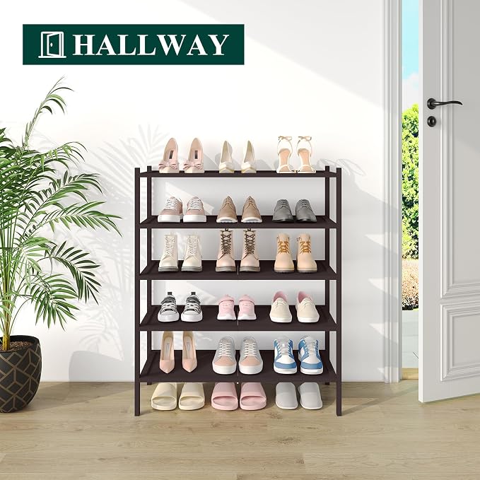 Smiry Bamboo Shoe Rack, 5 Tier Shoe Organizer for Entryway & Closet, Stackable Free Standing Storage Shelf for Shoes, Bags & Plants, Brown - Image 4