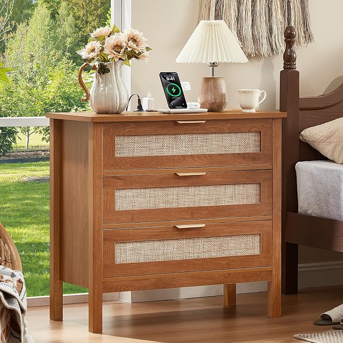 LEYAOYAO 31.5" Wide Rattan Nightstands Set of 2 with Charger Station, Large Boho 3 Drawer Night Stand, Teac Brown Bedside Table with Storage, Bed Side End Tables for Bedroom, Living Room, Hallway - Image 5