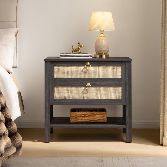 SICOTAS Night Stand with Drawers and Storage Shelf - Large Nightstands Rattan Decor Boho Bedside Table Narrow Side Table for Bedroom, Small Space by SICOTAS