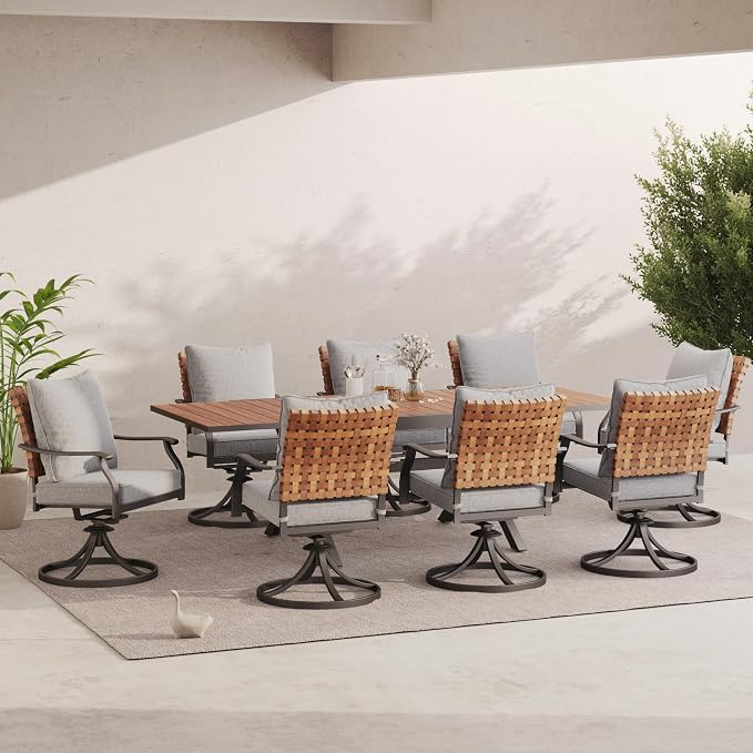 Grand patio 9-Piece Outdoor Dining Set, 8 Leather-Look Wicker Swivel Patio Chairs & 1 Extendable Rectangular Dining Table, Brown - Image 2