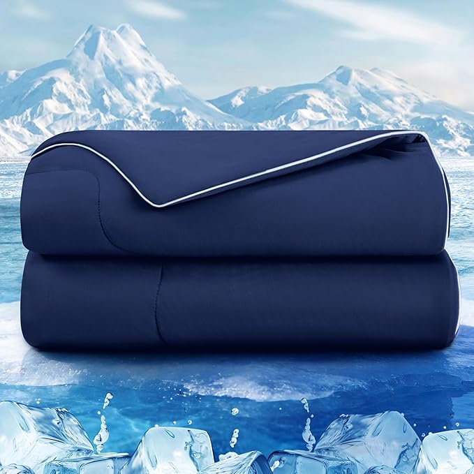 Love's cabin Cooling Comforter Queen Size, Double Sided Cooling Blankets for Hot Sleepers, Q-Max>0.4 Instant Cool-to-Touch, 2X Breathable & Moisture-Wicking, Oeko-TEX Certified, 90"x90" Dark Blue