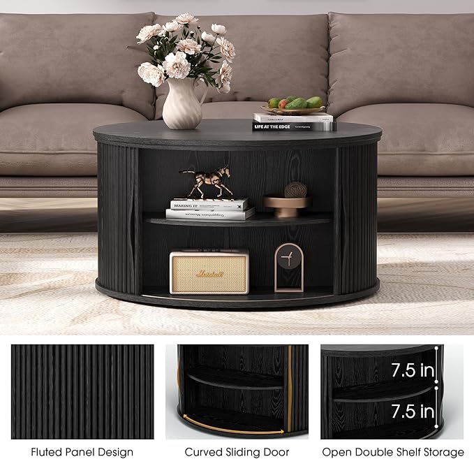 Round Lift Top Coffee Table, 31.5” Mid Century Modern Center Table with Hidden Storage, Fluted Circle Coffee Tables for Living Room, Home Office, Black