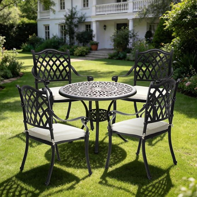 VINGLI Patio Chairs Set of 4 - Stackable Outdoor Cast Aluminum Dining Chairs with Vintage Black Finish and Diamond Pattern, Metal Armchairs for Poolside, Backyard, Balcony (with Cushion) - Image 8