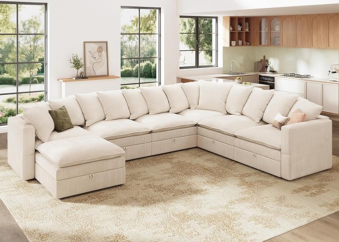 HONBAY Modular Sectional Sofa with Ottoman, 7 Seat U Shaped Couch with Storage & Pillows, 137 Inch Oversized Sectional Sofa for Living Room, Beige