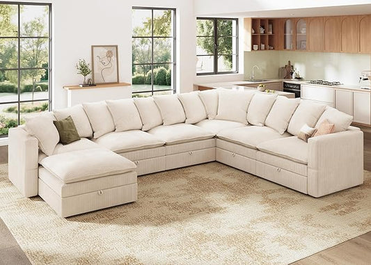 HONBAY Modular Sectional Sofa with Ottoman, 7 Seat U Shaped Couch with Storage & Pillows, 137 Inch Oversized Sectional Sofa for Living Room, Beige