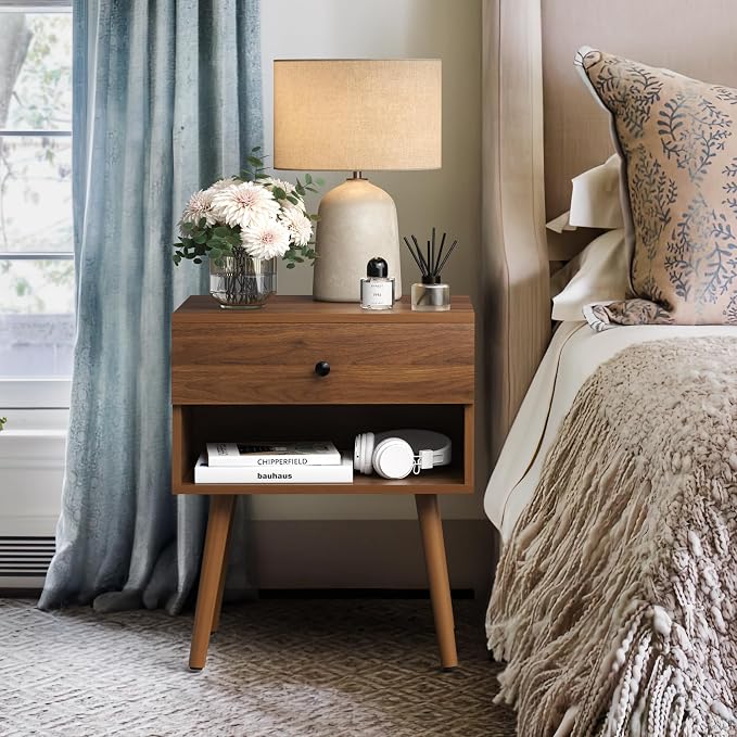 Hidden Compartment Nightstands, Mid Century Modern Concealment Furniture, Bedside Table with Wood Legs, End Table with Storage Drawer for Bedroom (1,Walnut) - Image 2