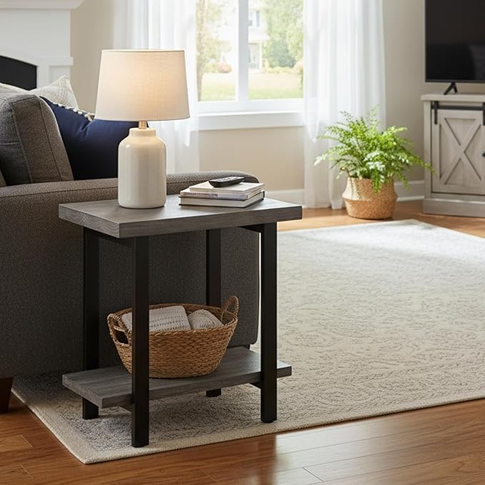 Alaterre Furniture Pomona Living Room Tables – 2-Tier Solid Wood End Table with Metal Legs – Modern Industrial Side Table or Nightstand (Slate Grey)