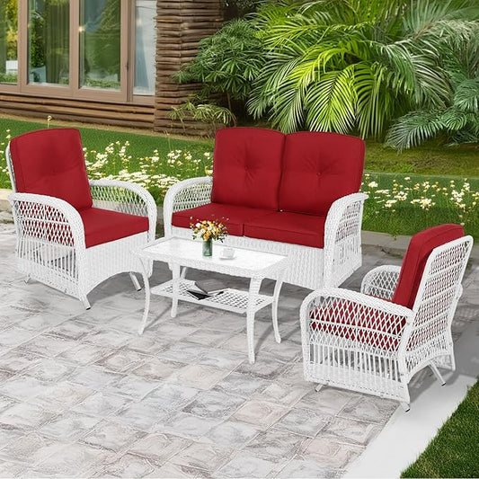 MEETWARM 4 Pieces Outdoor Wicker Patio Conversation Sets with Glider Loveseat, 2 Chairs with Coffee Table Wicker Rocking Glider Set, Patio Conversation Set with Thickened Cushions, White/Red