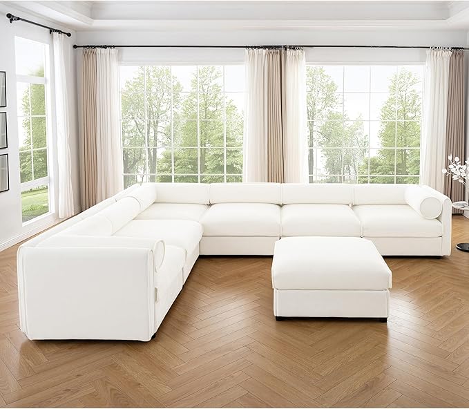 KEIKI 143" Large Modular Chenille Sectional Sofa with Storage Seat, 1 Ottoman, Modern Style 6-Seater Couch with Cylindrical Backrest and 2 Armrests, Easy Assembly, for Apartment, Living Room, White