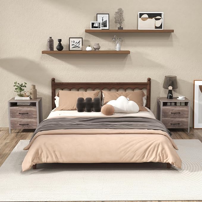 Giantex Farmhouse Nightstand Set of 2, Rustic Wood Bedside Table with 2 Storage Drawers & Open Shelf, Sofa Side Table, Versatile Night Stand for Bedroom, Grey - Image 2