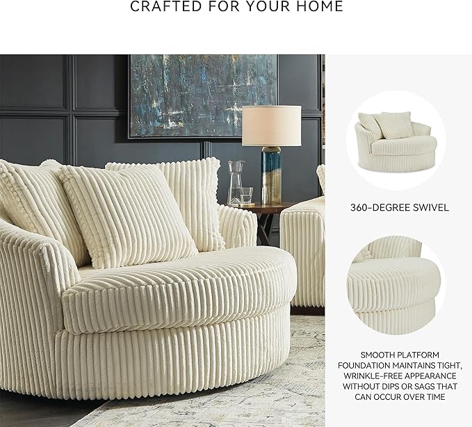 Signature Design by Ashley Lindyn Transitional Oval Tufted Upholstered Oversized Swivel Accent Chair, White