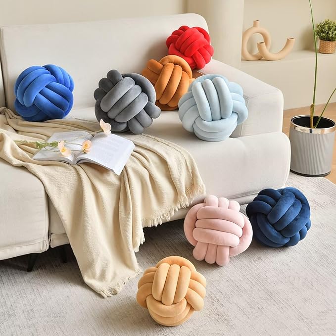 LUSJNGE Decorative Throw Knot Pillow Ball for Home Chair Sofa Couch Bed Aesthetic Round Velvet Knotted Pillow Cushion (Ice Blue, 8inches)
