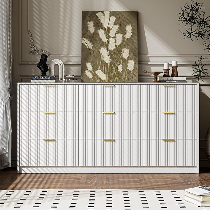 MAISONARIA 3-Piece Dresser Bedroom Set, 9 Drawer Dresser & 2 Drawer Nightstands with Gold Handles, Fluted Wood Chest of Drawers for Bedroom, Living Room, Entryway, White