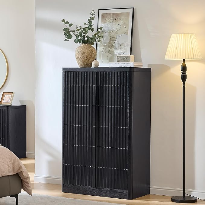 YANSNWO Black Fluted Dresser for Bedroom, 48.6" Tall 6 Drawer Dresser, Curved Profile Design, Modern Wooden Chest of Drawers with Solid Wood Handle for Living Room, Bedroom - Image 2