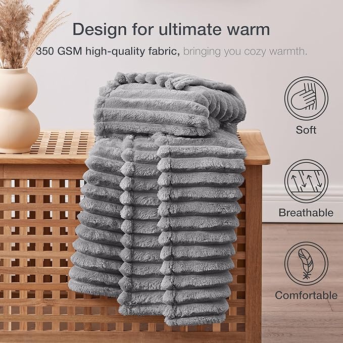 EXQ Home Fleece Throw Blanket for Couch or Bed - 3D Stripe Jacquard Decorative Blankets - Cozy Soft Lightweight Fuzzy Flannel Blanket Suitable for All Seasons(50"??60",Light Grey)