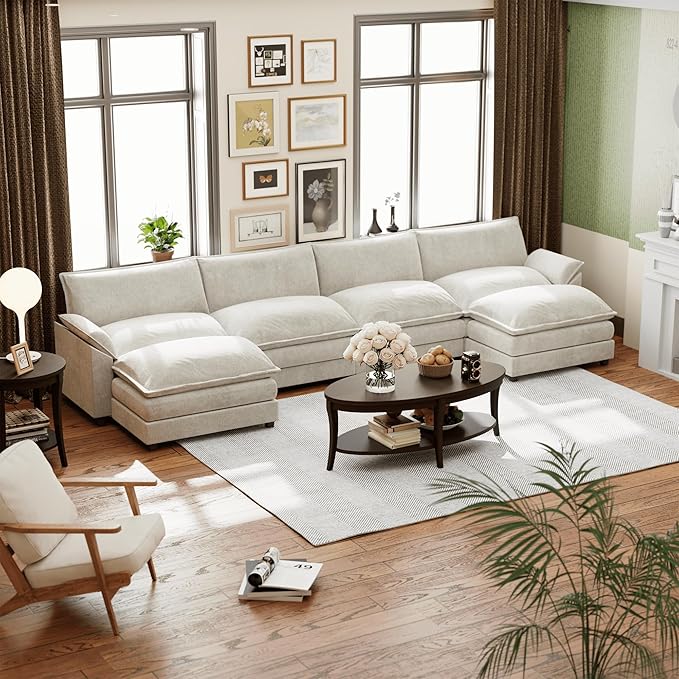 Shahoo Sectional Modular Sofa U Shaped Chenille Fabric Couch with High Supportive & Soft Sponges and Removable Ottoman, Sleeper Comfy Upholstered Furniture for Living Room, Bright Beige