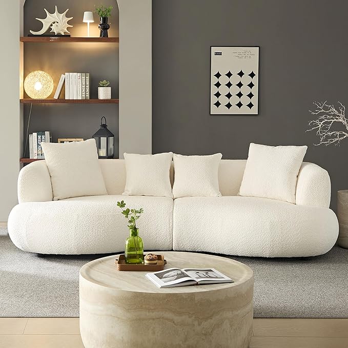 102.36 inch Mid Century Sectional Curved Sofa, Modern Boucle Fabric Comfy Upholstered 4-Seat Couch for Living Room Apartment and Office,White