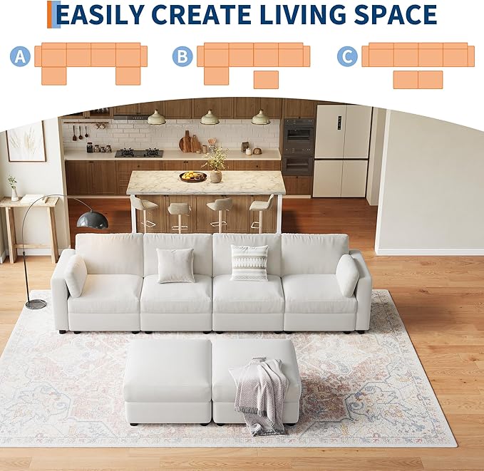 IDEALHOUSE 135.5" Modular Sectional Sofa, 6 Seater Sectional Couch, U-Shape Modern Sofa with Ottoman, Deep Seat, Oversized Convertible Modular Couch for Living Room Apartment Office, Chenille, Beige
