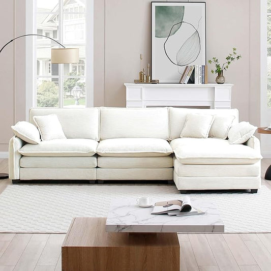 KEIKI 115" L-Shaped Oversized Corduroy Modular Sectional Sofa with 1 Ottoman, High-Density Foam Cushions, Removable Armrests, Upholstered 3-Seater Corner Couch with 5 Pillow, for Living Room, Beige