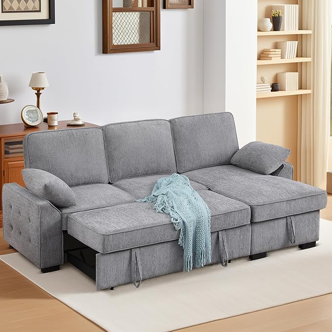 ERYE L-Shaped Pull Out Sleeper Couch Bed, Modern Chenille Upholstered Button Tufted Corner Couch Reversible Sectional Sleeper Sofa Bed W/Storage Chaise, Cup Holders