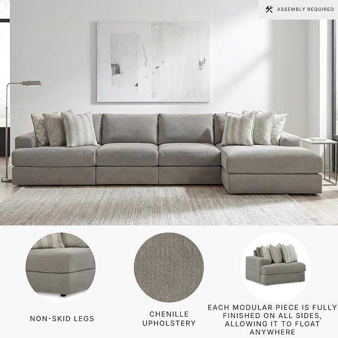 Signature Design by Ashley Avaliyah Modern Modular Anti Sag Right-Arm Facing 4-Piece Sectional with Reversible Cushions and 6 Accent Pillows, Gray