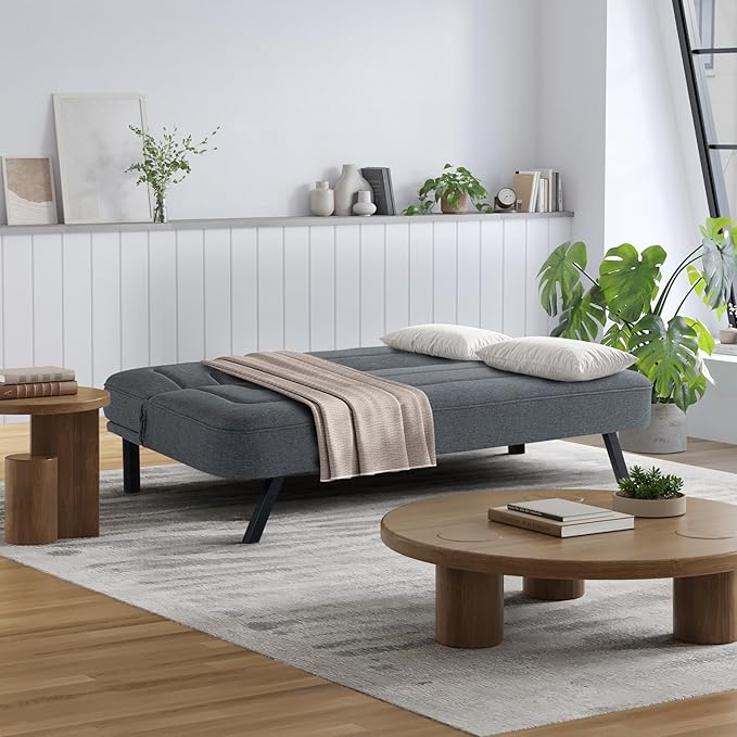 Serta Fairwood 66.1" Convertible Futon Sofa, Short Twin Size, Modern Boho, Dream Coil Comfort, Fingerguard Pinch Point Protection, Soft Woven Polyester Fabric, Charcoal