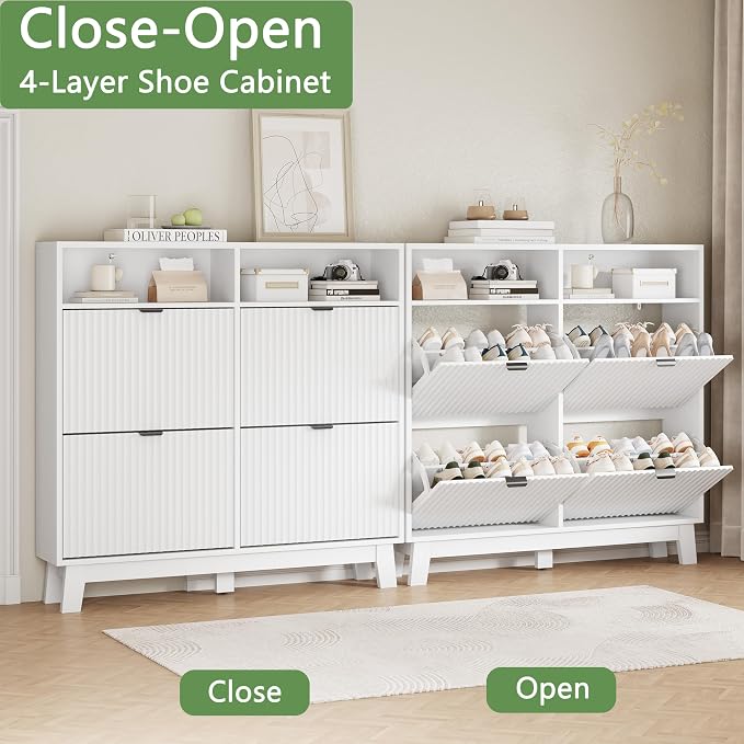 Xixini Shoe Cabinet with 4 Flip Drawers, 46" Tall Narrow Fluted Shoe Storage Organizer for Entryway, Hidden Slim Wooden Shoe Rack Cabinet for Front Door Entrance, Hallway, Living Room, Solid White - Image 5