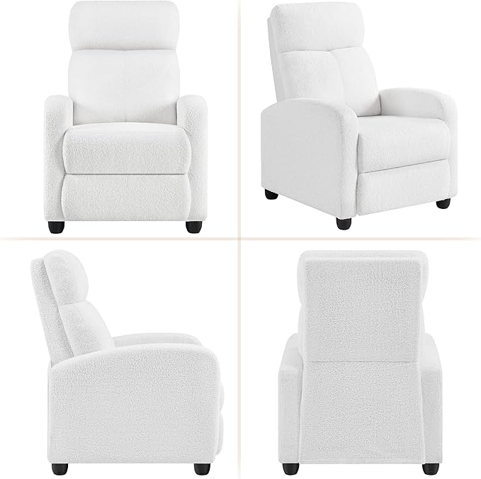 Topeakmart Boucle Recliner Sofa Push Back Recliner Chair Adjustable Modern Single Reclining Chair Upholstered Sofa with Pocket Spring Living Room Bedroom Home Theater White
