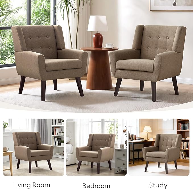 HUIMO Living Room Accent Chair Set of 2, Upholstered Button Tufted Armchair with Wooden Legs, Linen Fabric Sofa Chairs for Bedroom, Living Room, Mid-Century Modern Comfy Reading Chair (2 PCS, Brown)