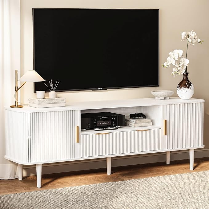 Fluted TV Stand, 62.4 Inch Mid Century Modern Media Console Table with Drawer Sliding Tambour Door Farmhouse Sideboard Buffet Cabinet Fits TVs up to 75 inch Wood Entertainment Center(White) by DamcropFurniture