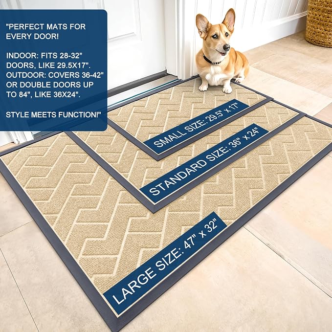 OLANLY Front Door Mat Indoor Outdoor Entrance, Waterproof All-Season, All-Weather Doormat, Sturdy Natural Rubber, Low Profile, Easy Clean Patio Porch Entryway Mat, Herringbone Brick (Beige, 47x23) - Image 2