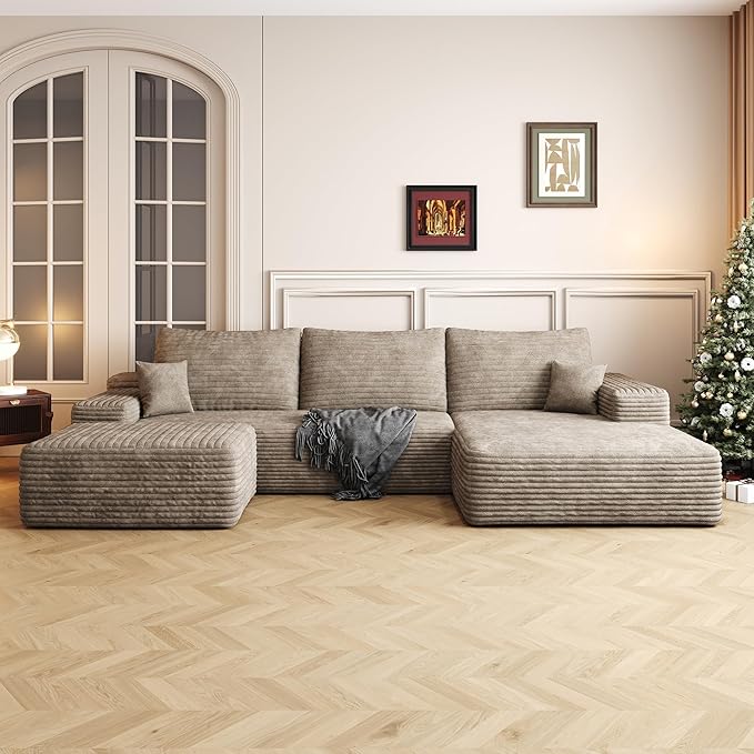107" U Shaped Corduroy Couch with Ottoman, Compression Boneless Sofa, Deep Seat Cloud Modular Couch, Comfy Sectional Couches for Living Room Bedroom, No Assembly, Right Facing Chaise, Camel