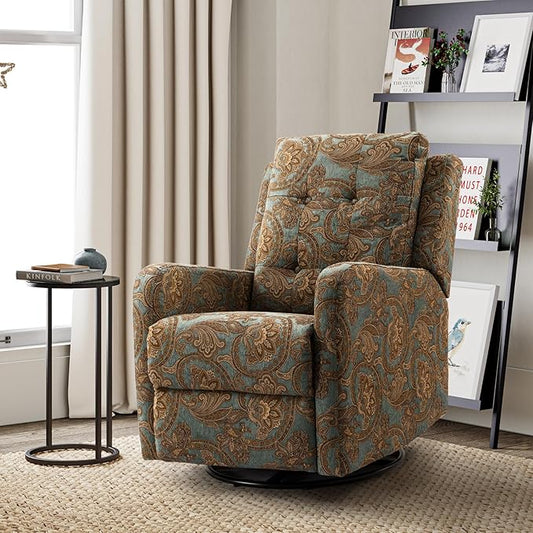 HULALA Home Recliner Chair Modern Printed Fabric for Living Room, Wingback Rocker Recliner Sofa Comfy Armchair 360 Degree Swivel, Nursery Rocking Chairs with Adjustable Backrest & Footrest/Teal