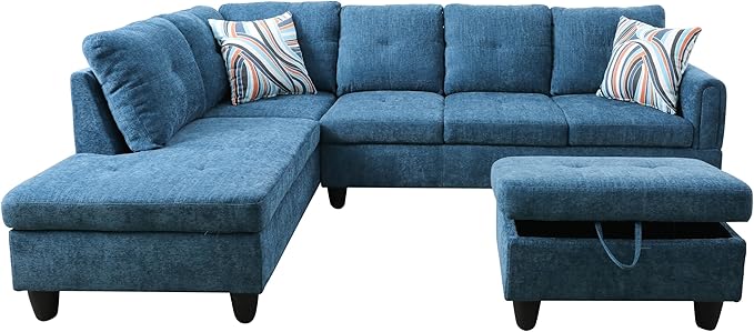 NicBex Modular L-Shaped Sectional Couches, 3-Piece Convertible Couch with Storage Ottoman, 4-Seat Comfy Sofa with Chaise for Living Room & Apartment, Blue
