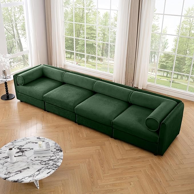 KEIKI 143" Oversized Modular Chenille Sectional Sofa with Storage Seat, 4-Seater Couch with Cylindrical Backrest and Armrests, Easy Assembly, for Apartment, Living Room, Green
