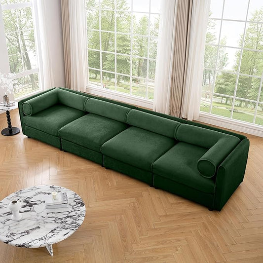 KEIKI 143" Oversized Modular Chenille Sectional Sofa with Storage Seat, 4-Seater Couch with Cylindrical Backrest and Armrests, Easy Assembly, for Apartment, Living Room, Green