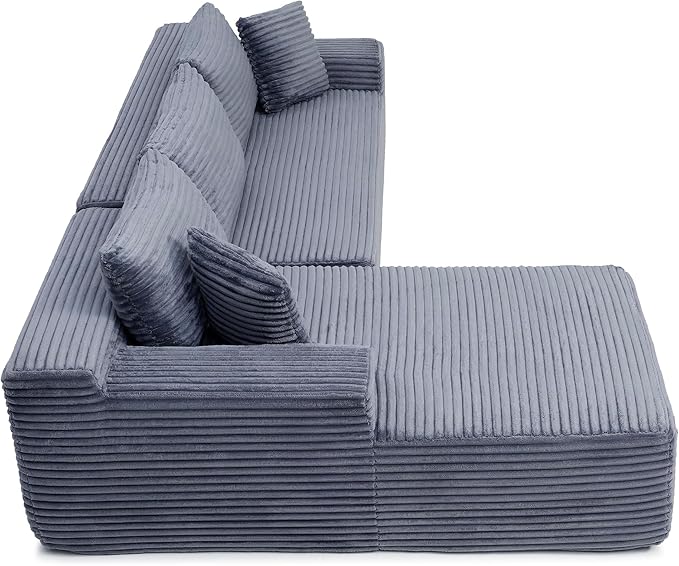 105-Inch L-Shaped Left Facing Corner Compressed Sofa Modular Sectional Boneless Cloud Sofa Floor Foam Couch with Chaise Lounge, Corduroy Corner Boneless Cloud Couch