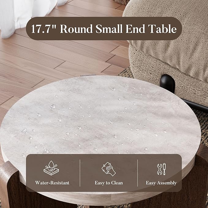 COSIEST Modern Round Coffee Table & Side Table Set, Faux Marble Wood Top, Walnut & Cream White Legs, Minimalist Living Room Center & Accent Table(2 PCS)