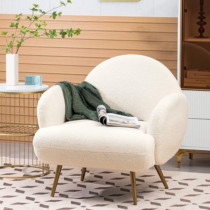 Accent Chair White with Golden Metal Legs,Reading Chair for Bedroom Comfy, Boucle Sherpa Chair for Living Room, Bedroom