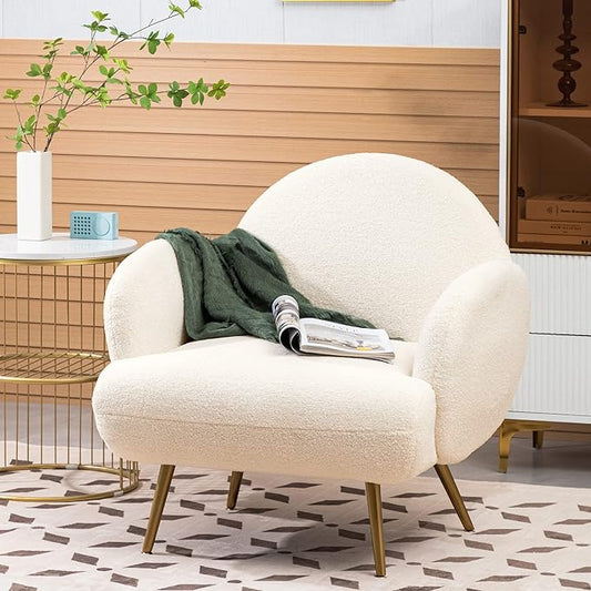 Accent Chair White with Golden Metal Legs,Reading Chair for Bedroom Comfy, Boucle Sherpa Chair for Living Room, Bedroom