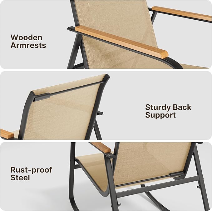 Ahomly Outdoor Patio Furniture Set 4 Pieces, Conversation Textilene Fabric Chairs with Coffee Table Rocking Chairs Bistro Set for Backyard, Poolside, Porch (Brown)