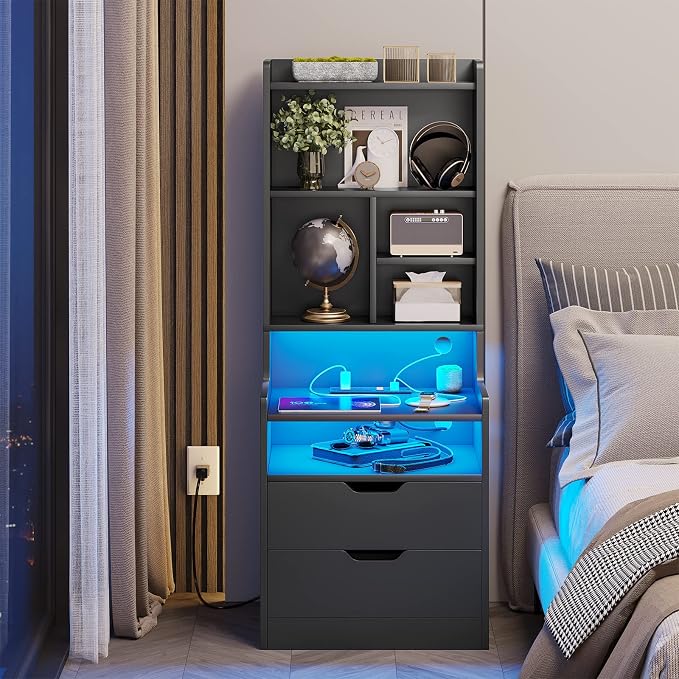 BTHFST Tall Nightstand with LED Lights and Charging Station, LED Black Nightstand with Shelves and 2 Drawers, Bedside Table with Bookshelf, Tall Side End Table with Storage by BTHFST